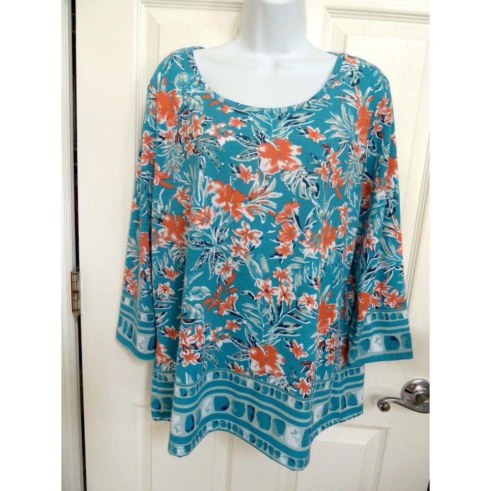 Palm Grove Women XL Tropical Floral Beaded 3/4 Sleeve Pullover Top Teal Orange